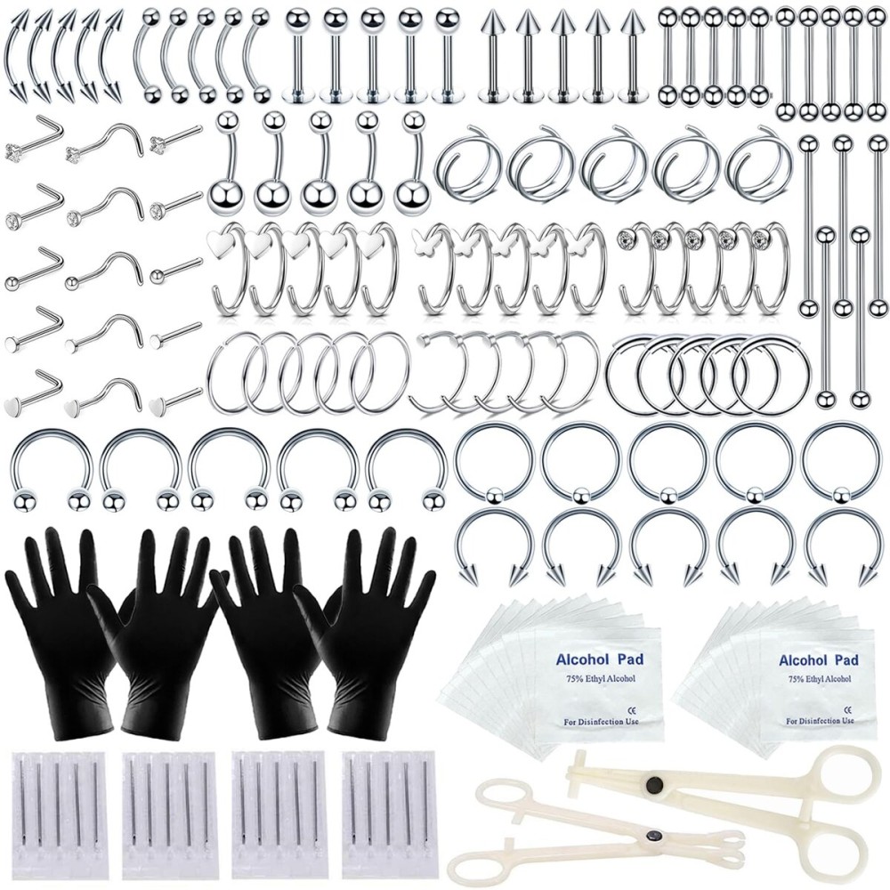 TKKUY 154PCS Mixed-pack Nose Piercing Kits for All Piercings,Stainless Steel Piercing Jewelry Kit 14G 16G with Piecing Needles for Ear Cartilage Tragus Nose Septum Lip Piercing Tools
