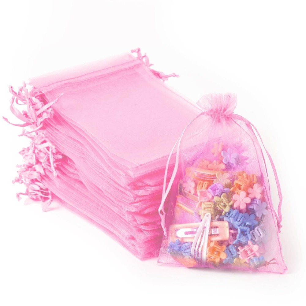 YHJZ 100PCS Organza Bags, 4x6 inches (10x15cm) Small Mesh Bags Drawstring, Jewelry Gift Bags for Valentine\'s Day, Party, Festival, Soaps, Makeup Organza Favor Bags (Pink)