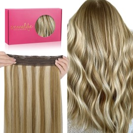 WENNALIFE Wire Hair Extensions (Increase 50% Lifespan) Real Human Hair 12 inch 70g Ash Brown with Platinum Blonde Highlights Remy Hair Invisible Transparent Wire Fish Line Straight Reusable Natural