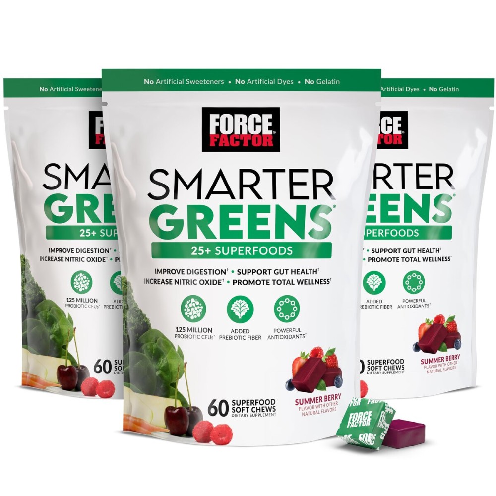 FORCE FACTOR Smarter Greens Superfood Chews, 3-Pack, Greens and Superfoods with Probiotics, Antioxidants, and Fiber, Greens Supplement to Support Digestion, Nitric Oxide, and Energy, 180 Chews