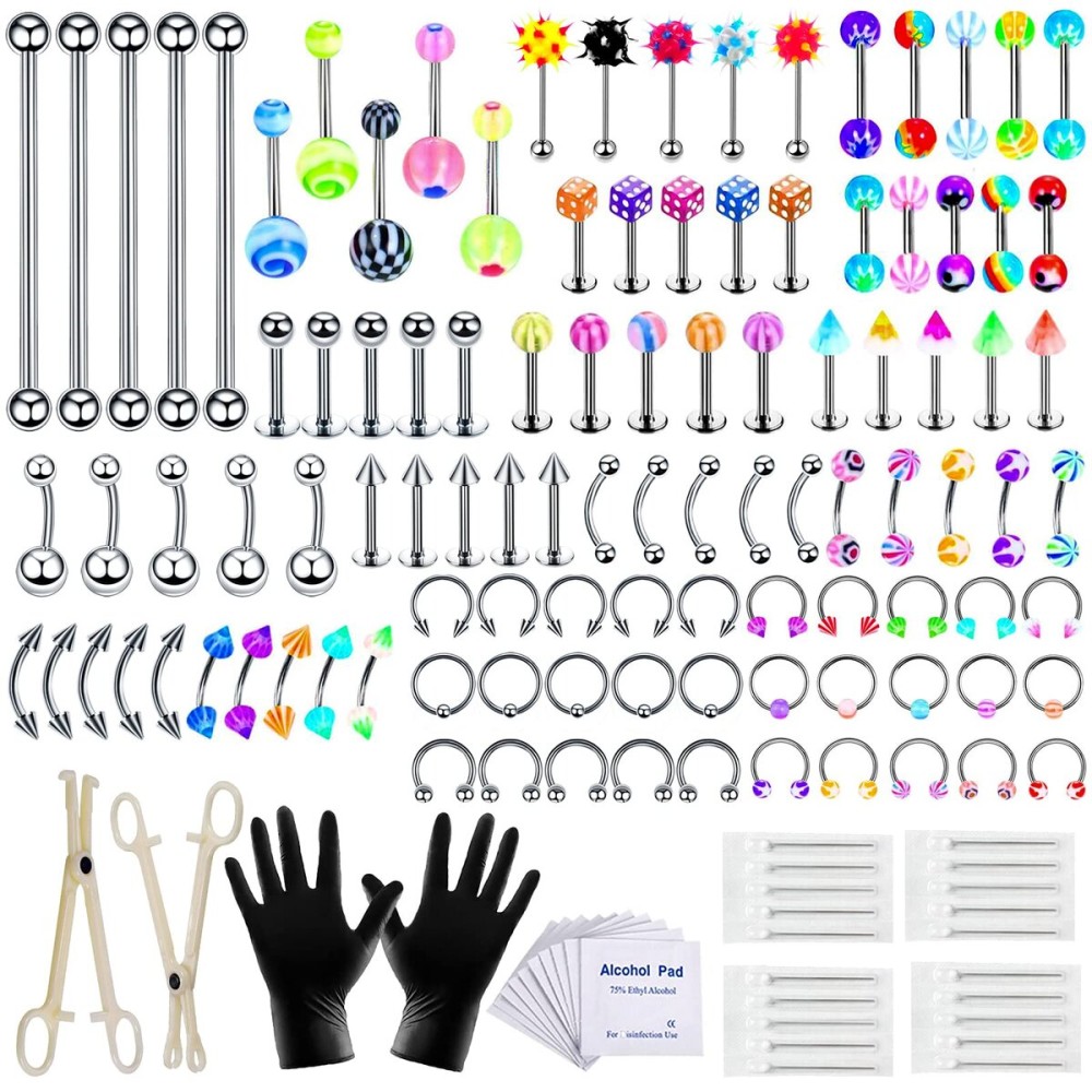 Complete 140PCS Piercing Kit with 14G 16G Stainless Steel and Acrylic Jewelry for All Body Piercings Including Eyebrow, Nose, Lip, Tongue, Ear, Tragus, and Belly Button - Includes Piercing Tools