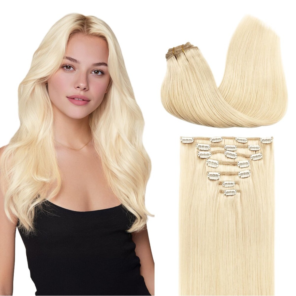 GOO GOO Clip in Hair Extensions Real Human Hair, Remy Human Hair Extensions Clip ins for Women, Natural Human Hair, 22inch 120g 7Pcs, 613R Bleach Blonde