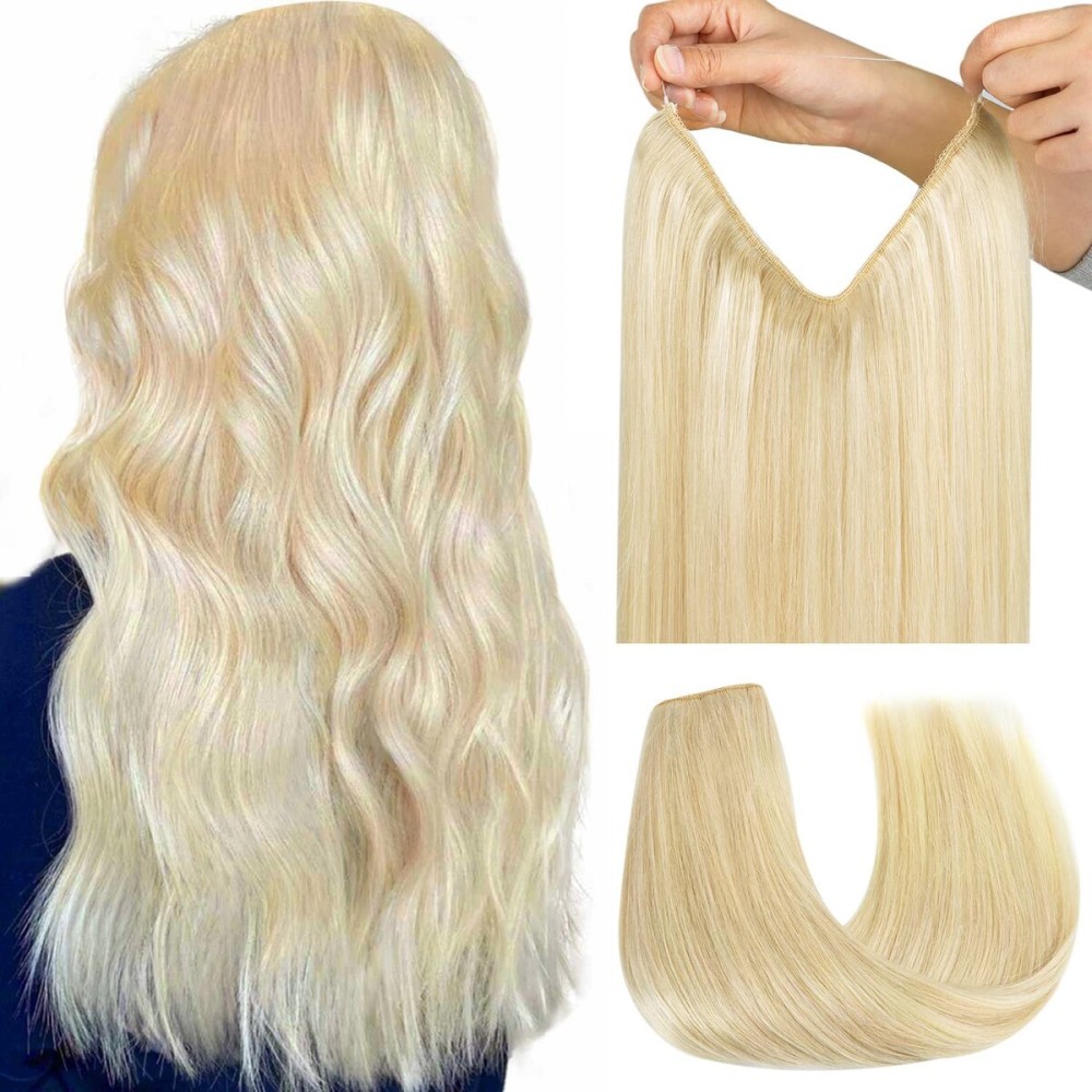 HOTBANANA Wire Hair Extensions, 12 inch 70g Bleach Blonde Invisible Fish Line Real Human Hair Extensions Straight
