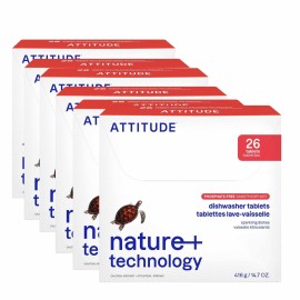 ATTITUDE Dishwasher Pods, Plant-Based & Vegan, Phosphate-Free Detergent Tablets, Naturally Derived, Unscented, 26 Count (Pack of 6)
