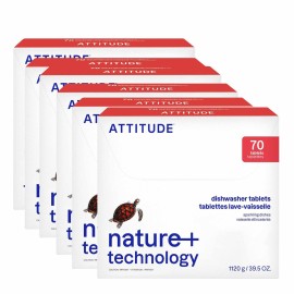 ATTITUDE Dishwasher Pods, Plant-Based & Vegan, Phosphate-Free Detergent Tablets, Naturally Derived, Unscented, 70 Count (Pack of 6)