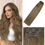 WindTouch Clip in Hair Extensions Real Human Hair 8 Ash Brown Hair Extensions 12Inch 75g for Women