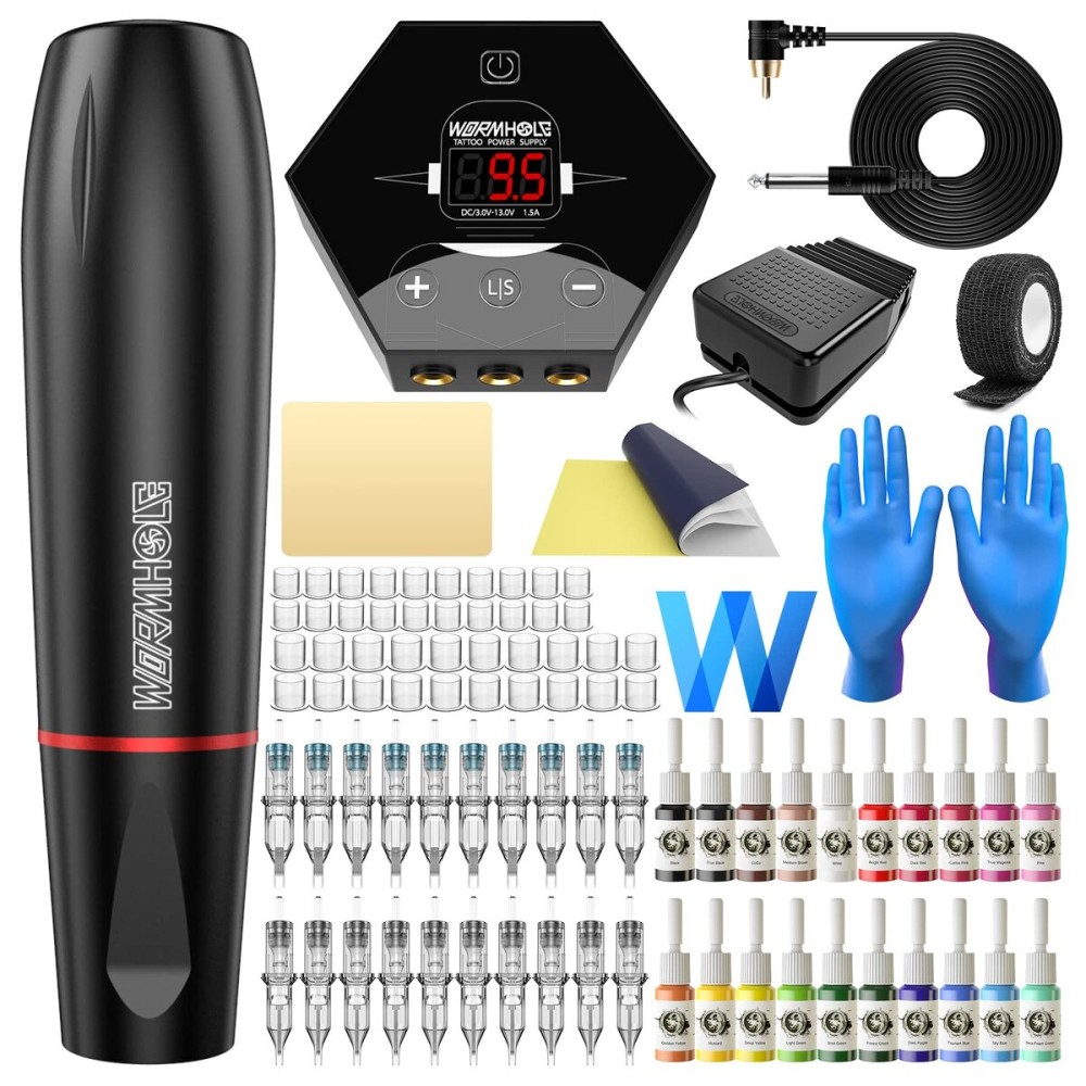 Wormhole Tattoo Machine Kit Rotary with Power Supply 20 Cartridge Needles 20 Tattoo Ink 40 Tattoo Ink Caps Complete Tattoo Practice Pen Kit for Beginners and Tattooists WTK105