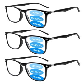 Sumkyle 3 Pack Progressive Multifocus Reading Glasses for Men Women Blue Light Blocking Spring Hinges Computer Readers (3 Black,1.75)