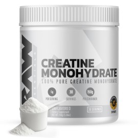 RAW Nutrition Creatine Monohydrate Powder, Unflavored (30 Servings) - Micronized Creatine Monohydrate Supplement for Workout Performance, Build Muscle & Strength - Creatine Powder for Men & Women