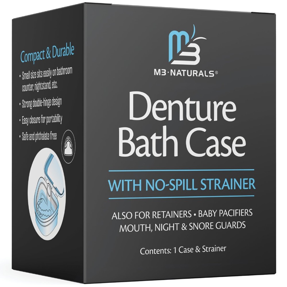 Denture Bath Case and Retainer Case, Denture Bath Cup for Invisalign Retainers Mouthguards Dentures Cleaner Kit with Strainer Spill-Free Portable Retainer Cleaner Case by M3 Naturals