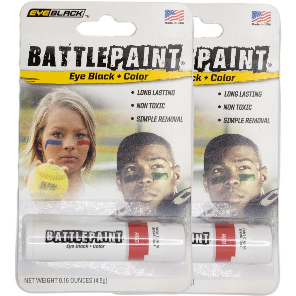 EyeBlack BattlePaint - Bright Colored Battle Paint Under Eye Black Sport Stick Grease for Pro Athletes and Super Fans - Baseball, Softball, Football - 2 Sticks - Red