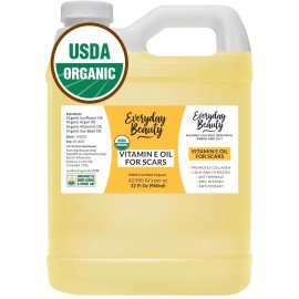 Organic Vitamin E Oil Bulk - 32oz USDA Certified 100% All Natural Plant Based - Light and Unscented Great for Scars After Surgery - For Face, Skin and Nails - Anti-Aging, Reduce Appearance of Wrinkles