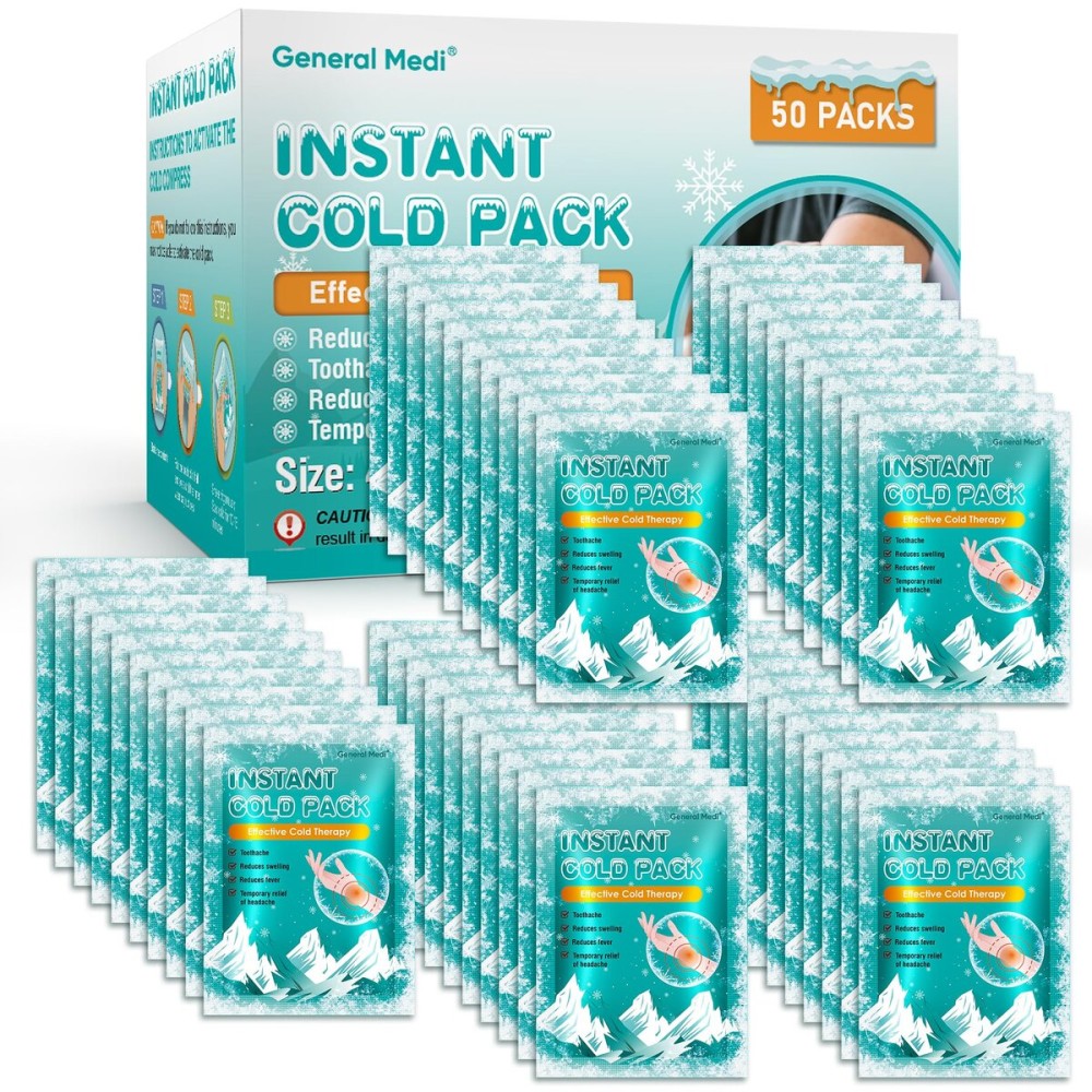 General Medi Instant Ice Cold Pack (4x 5.5) - 50 Packs Disposable Cold Therapy Ice Packs for Pain Relief, Swelling, Inflammation, Sprains, Toothache - for Athletes & Outdoor Activities