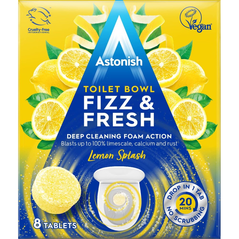 Astonish Foaming Lemon Splash Fizz & Fresh Bathroom Toilet Bowl Cleaner - Deep Cleaning Limescale, Calcium & Rust Stain Remover- No Spray Bottle Needed, Removes Hard to Reach Stains, 8 Tablets