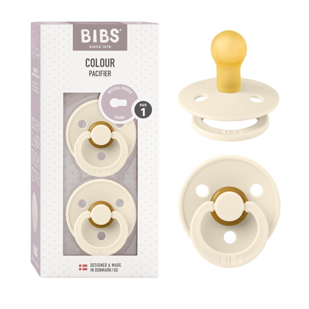 BIBS Pacifiers Colour Collection | Natural Rubber Baby Pacifier | Round Nipple | Set of 2 BPA-Free Soothers | Made in Denmark | 6+ Months (Pack of 2) | Ivory
