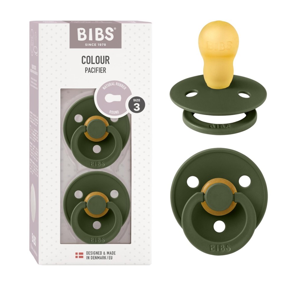 BIBS Pacifiers Colour Collection | Natural Rubber Baby Pacifier | Round Nipple | Set of 2 BPA-Free Soothers | Made in Denmark | 6+ Months (Pack of 2) | Hunter Green