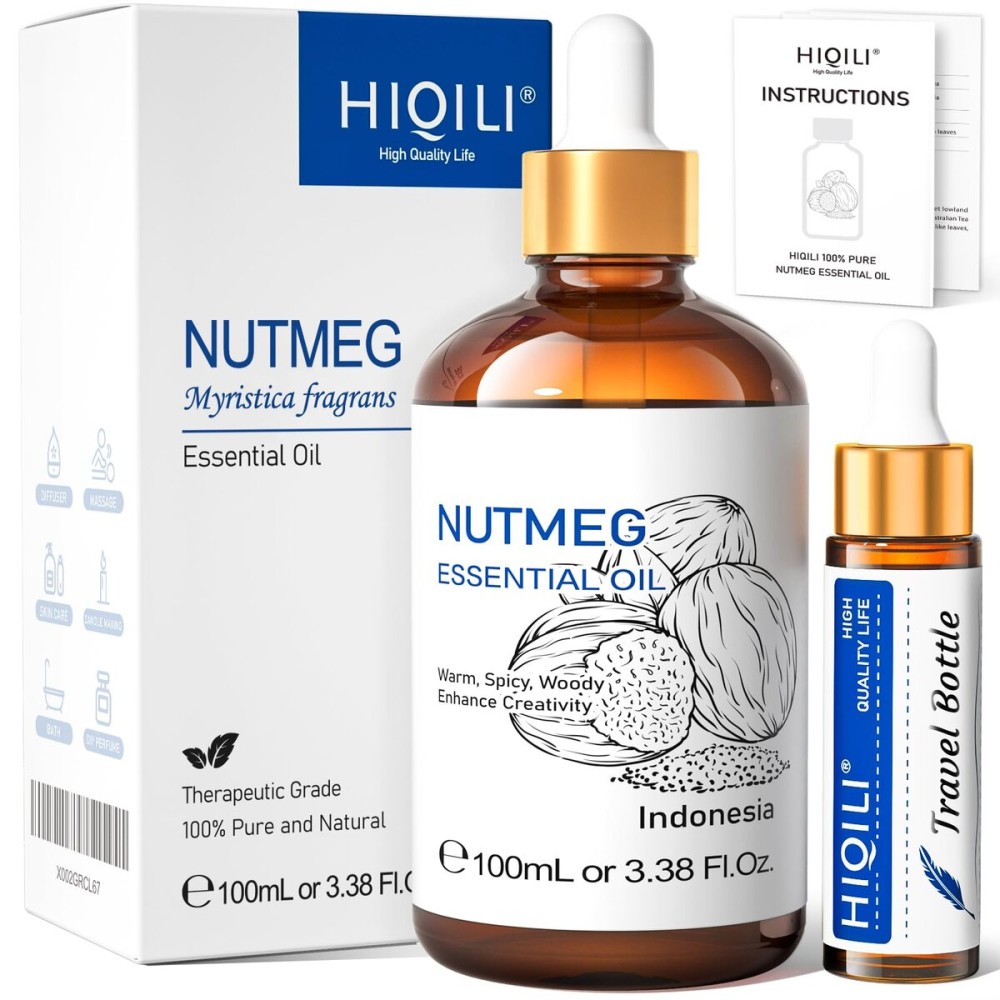 HIQILI Nutmeg Essential Oil 3.38 Fl Oz, Pure Natural Nutmeg Oil for Aromatherapy, Diffuser - 100ml
