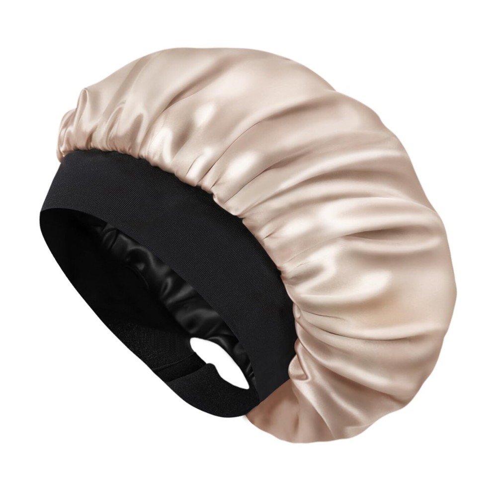 Hat Hut Satin Bonnet Silk Bonnet Sleep Cap for Women Hair Bonnet for Curly Natural Hair Sleeping Adjustable Wide Band Double Layer (Champagne)