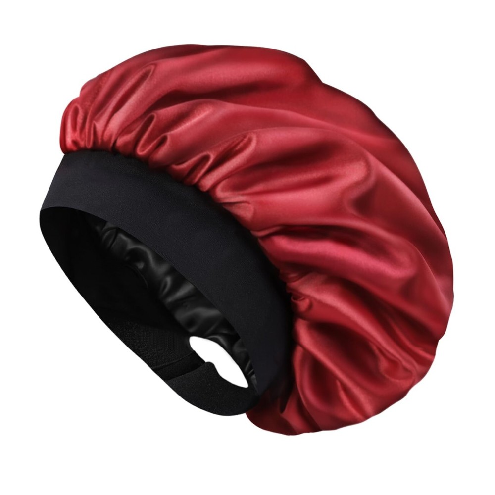 Hat Hut Satin Bonnet Silk Bonnet Sleep Cap for Women Hair Bonnet for Curly Natural Hair Sleeping Adjustable Wide Band Double Layer (Burgundy)