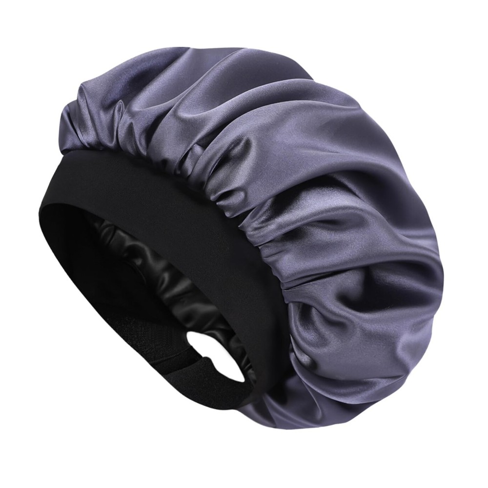Hat Hut Satin Bonnet Silk Bonnet Sleep Cap for Women Hair Bonnet for Curly Natural Hair Sleeping Adjustable Wide Band Double Layer (Dark Grey)