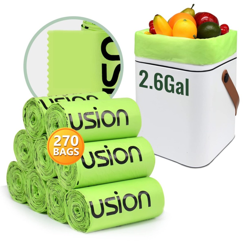 GreFusion Compostable Trash Bags, Small 2.6 Gallon, 270 Count, 0.72 Mils Thick, Eco Friendly, ASTM D6400 & BPI Certified, Composts Food Scraps, No Leaks