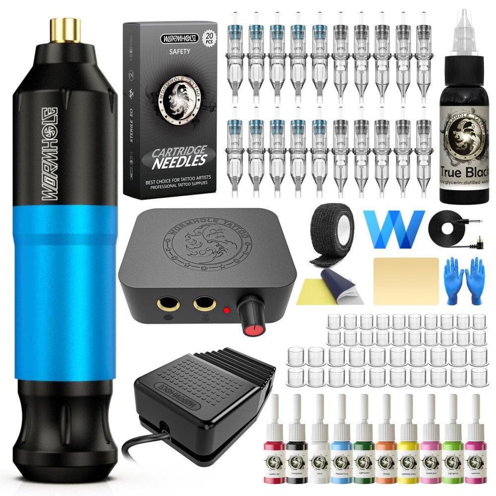 Tattoo Kit Wormhole Tattoo Gun Kit Tattoo Pen Kit Rotary Tattoo Machine Kit with Tattoo Power Supply and Tattoo Cartridge Needles Complete Tattoo Kit for Beginners (WTK093) Blue
