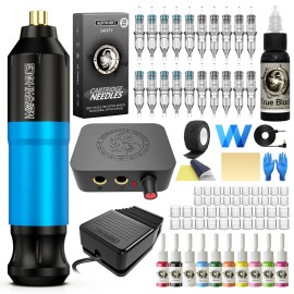 Tattoo Kit Wormhole Tattoo Gun Kit Tattoo Pen Kit Rotary Tattoo Machine Kit with Tattoo Power Supply and Tattoo Cartridge Needles Complete Tattoo Kit for Beginners (WTK093) Blue