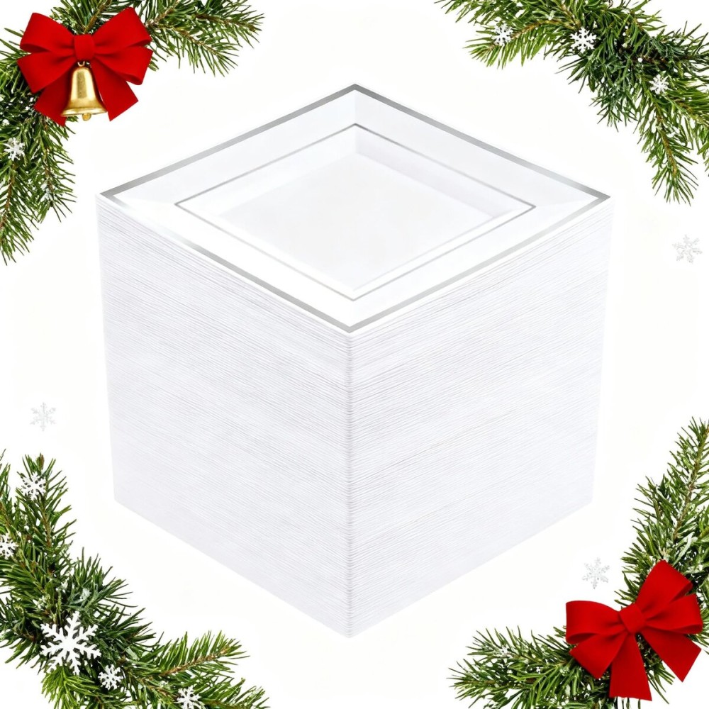bUCLA 100PCS White and Silver Square Plastic Plates - 6inch Disposable Dessert Plates - Suitable for Weddings, Parties, Christmas