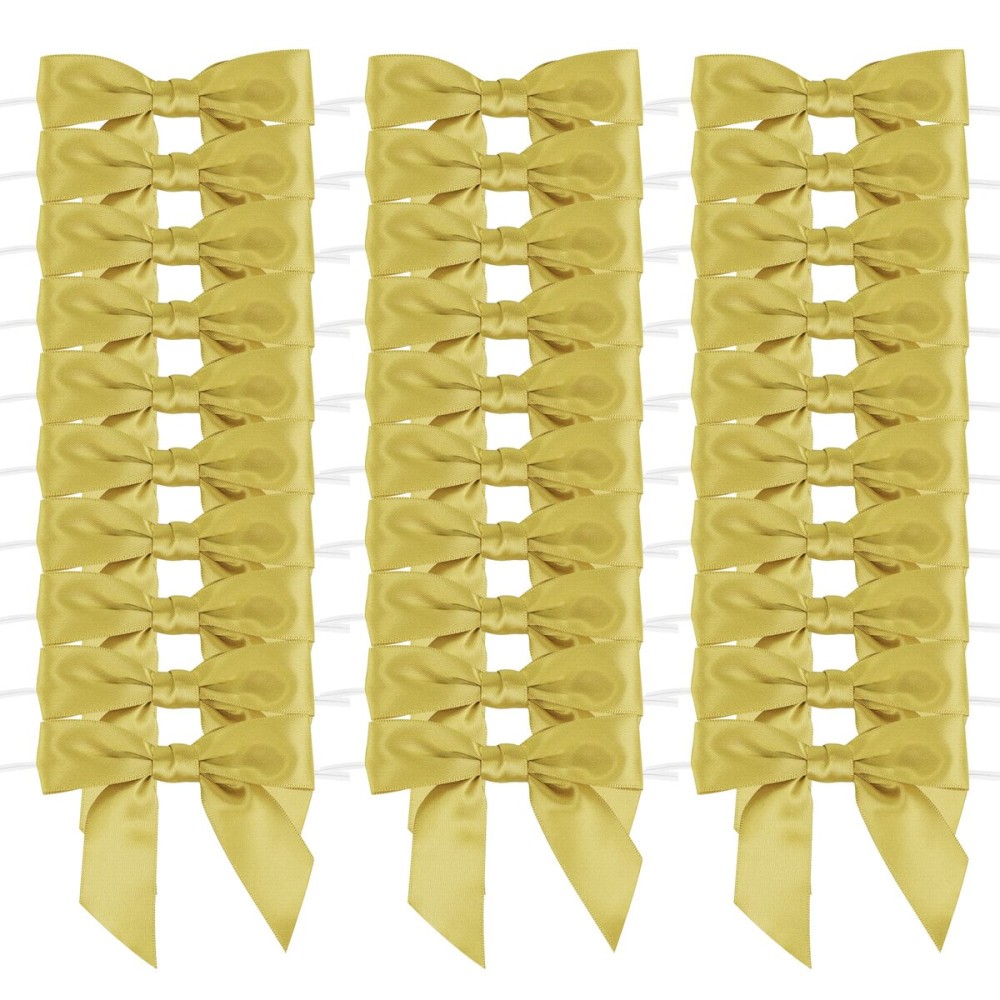 AIMUDI Gold Satin Ribbon Twist Tie Bows 3.5 Pre-Tie Wreath Bows Premade Gold Gift Bows for Treat Bags Cake Pop Crafts Wedding Favors Goodie Bags Christmas Tree Baby Shower - 50 Counts