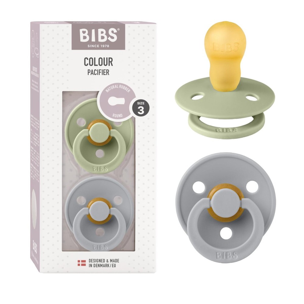 BIBS Pacifiers Colour Collection | Natural Rubber Baby Pacifier | Set of 2 BPA-Free Soothers | Made in Denmark | 18+ Months (Pack of 2) | Sage/Cloud