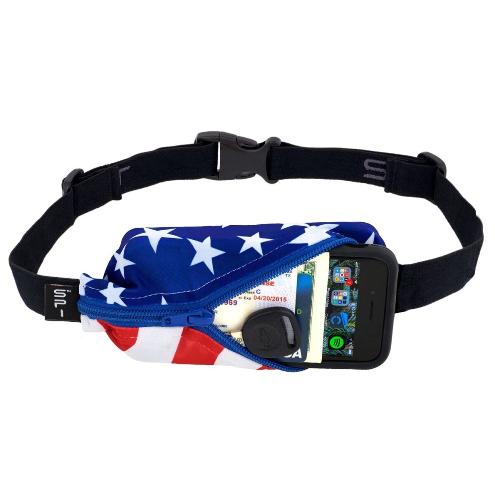 SPIbelt Running Belt for Women Men, Phone Holder for Running, Running Fanny Pack, Holder for Phone, Running Waist Pack, Adjustable Waist, [Fits All Phones]. Stars and Stripes with Blue Zipper