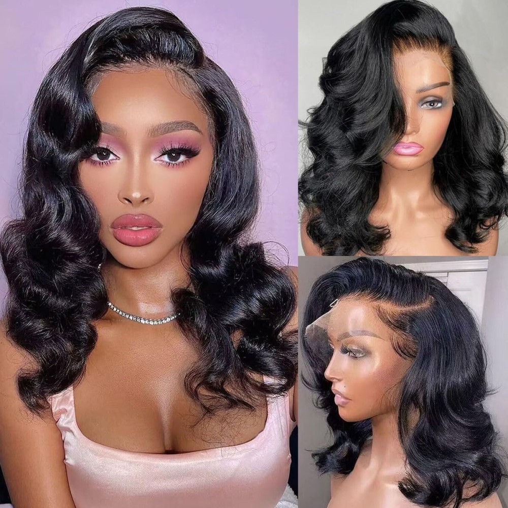 IUPin 44 Bob Wig Human Hair Body Wave Lace Front Wigs Human Hair for Women HD Lace Closure Wigs Glueless Human Hair Pre Plucked 200 Density Natural Hairline Short Bob Wigs Human Hair 16 inch