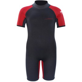 Dark Lightning 3/2mm Kids Wetsuit for Boys and Girls, Neoprene Thermal Swimsuit, Toddler/Junior/Youth One Piece Wet Suits for Scuba Divingkeboarding, (Kids Size 10, Shorty-Red), Large