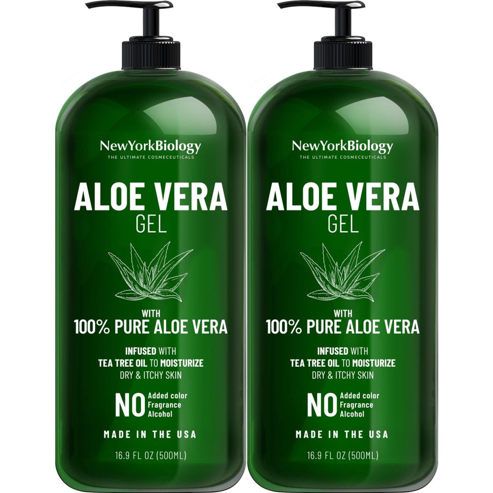 New York Biology Aloe Vera Gel for Face, Skin and Hair - Infused with Tea Tree Oil - From Fresh Aloe Vera Plant - Moisturizing Aloe Vera for Sunburn Relief and Dry Skin - 16.9 Fl Oz - Pack of 2