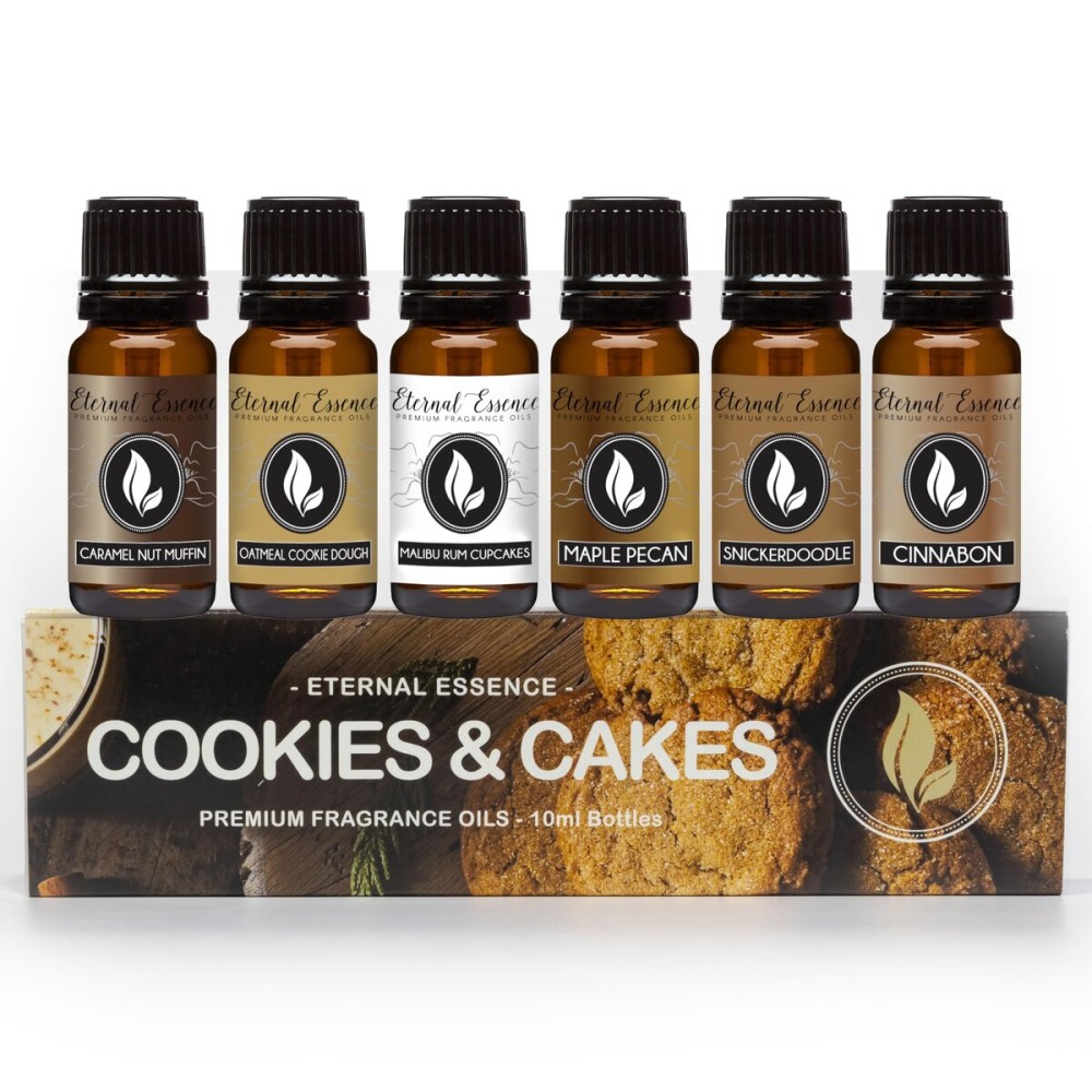 Eternal Essence Oils Cookies & Cakes Set of 6 Premium Fragrance Oils - Includes Caramel Nut Muffin, Oatmeal Cookie Dough, Malibu Rum Cupcakes, Maple Pecan, Snickerdoodle, and Cinnabon - 10ML