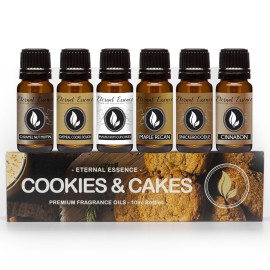 Eternal Essence Oils Cookies & Cakes Set of 6 Premium Fragrance Oils - Includes Caramel Nut Muffin, Oatmeal Cookie Dough, Malibu Rum Cupcakes, Maple Pecan, Snickerdoodle, and Cinnabon - 10ML