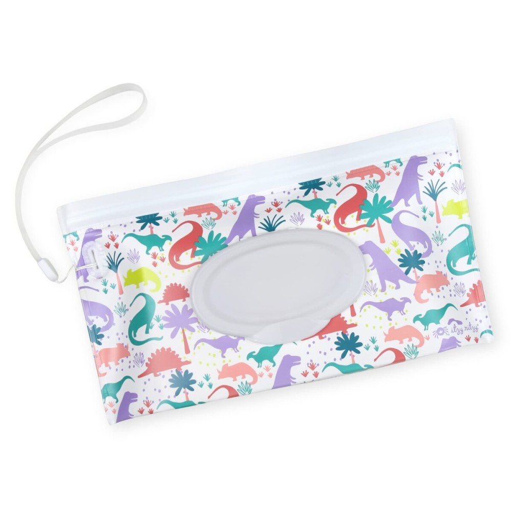 Itzy Ritzy Travel Wipes Case - Reusable Wipe Pouch - Take & Travel Pouch Holds Up to 30 Wet Wipes, Includes Silicone Wristlet Strap, Darling Dinosaurs