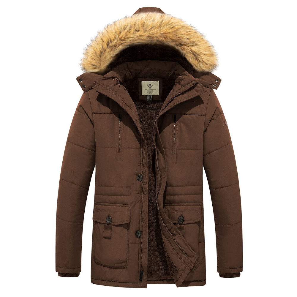 WenVen Men\'s Winter Coat Puffy Jacket with Fur Removable Hood (Coffee, 3XL)
