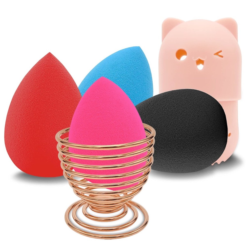 Makeup Sponge Holder Set,Makeup Blending Sponge Storage Drying Rack and Cute Silicon Sponge Carrying Travel Case with 4 Pieces Makeup Sponge Egg for Liquid and Powder