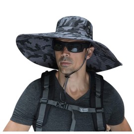 Leotruny Men Wide Brim Sun Hats UPF50+ Waterproof Breathable Bonnie Hat for Fishing, Hiking, Camping (C08-dark Gray camo)