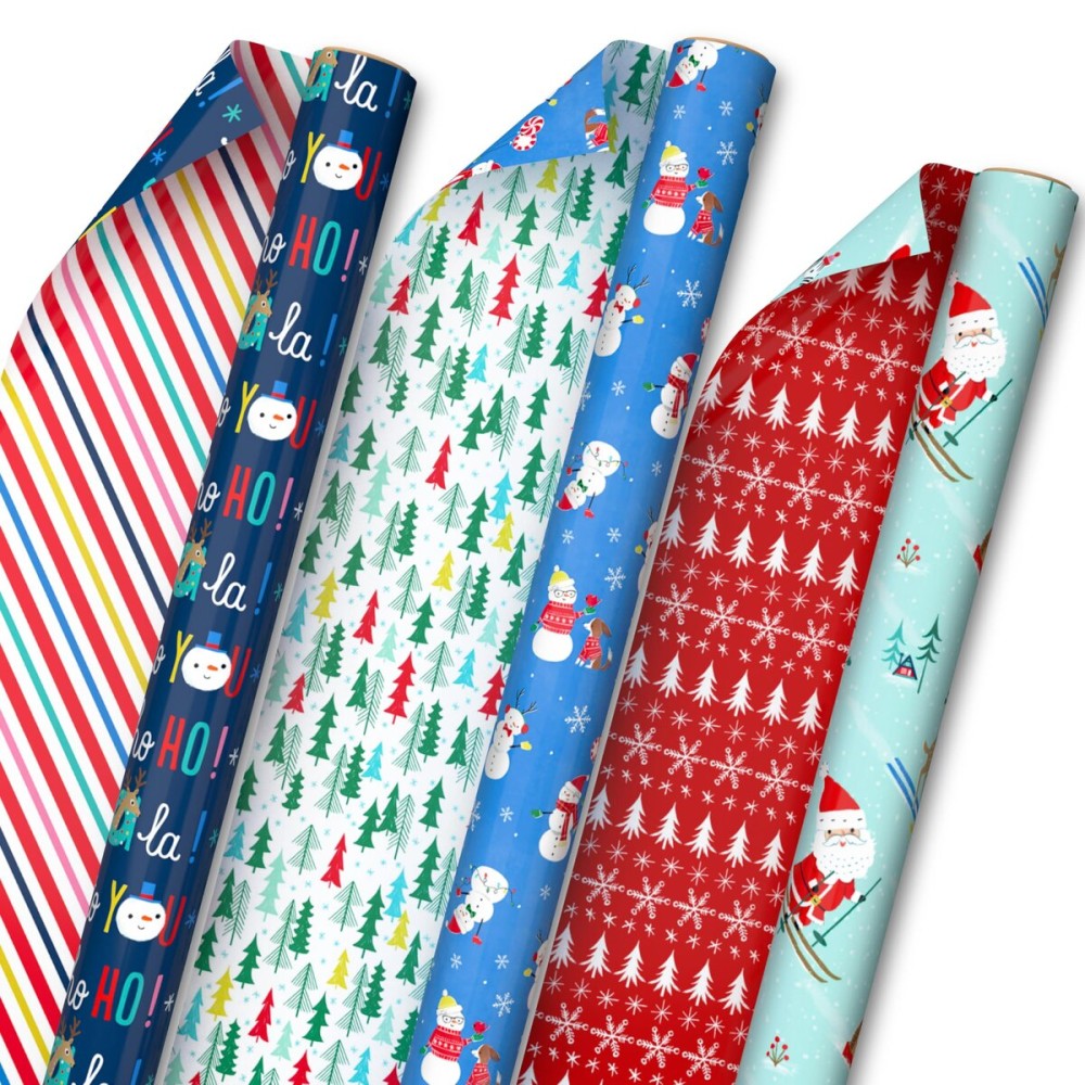 Hallmark Reversible Christmas Wrapping Paper for Kids (3 Rolls: 120 Sq. Ft. Total) Snowmen, Stripes, Trees, Skiing Santa, Zebras, Hedgehogs, Penguins