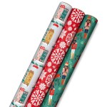 Hallmark Christmas Wrapping Paper with Cutlines on Reverse (3 Rolls: 120 Sq. Ft. Total) Winter City Scene, Rustic Snowflakes on Red, Nutcrackers with Foliage