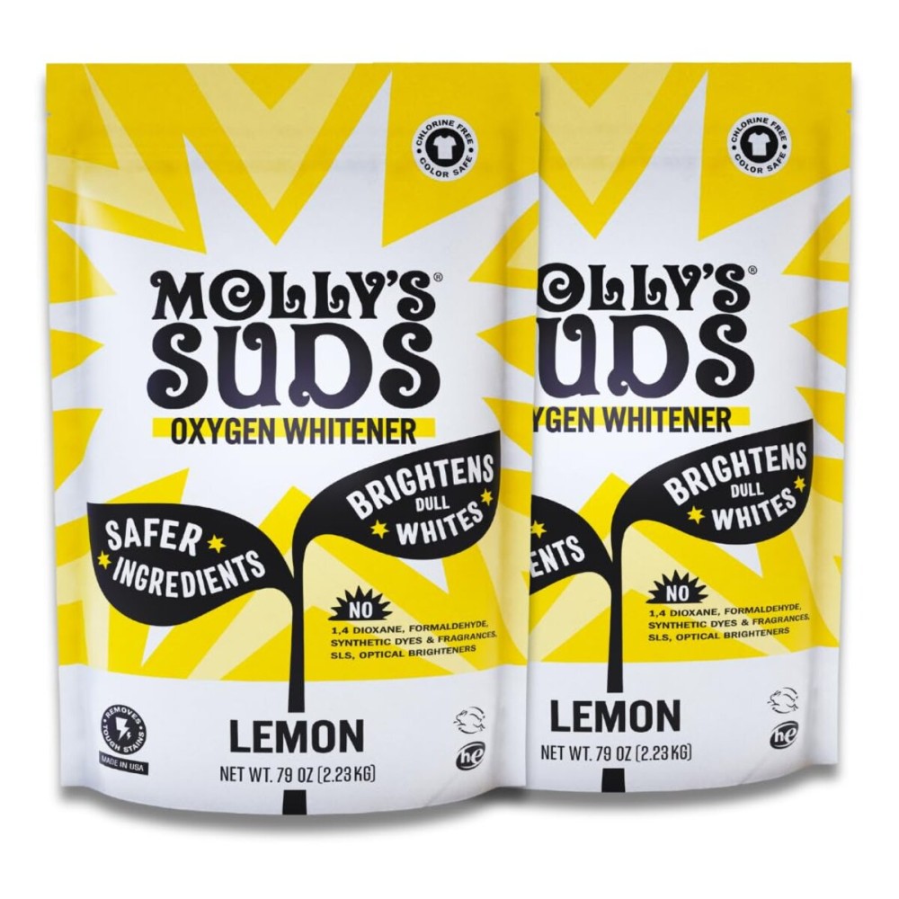 Molly\'s Suds Oxygen Whitener | Powerful Bleach Alternative, Chlorine Free & Color Safe | Brightens Whites and Removes Stains (Pure Lemon Essential Oil - 158 oz)