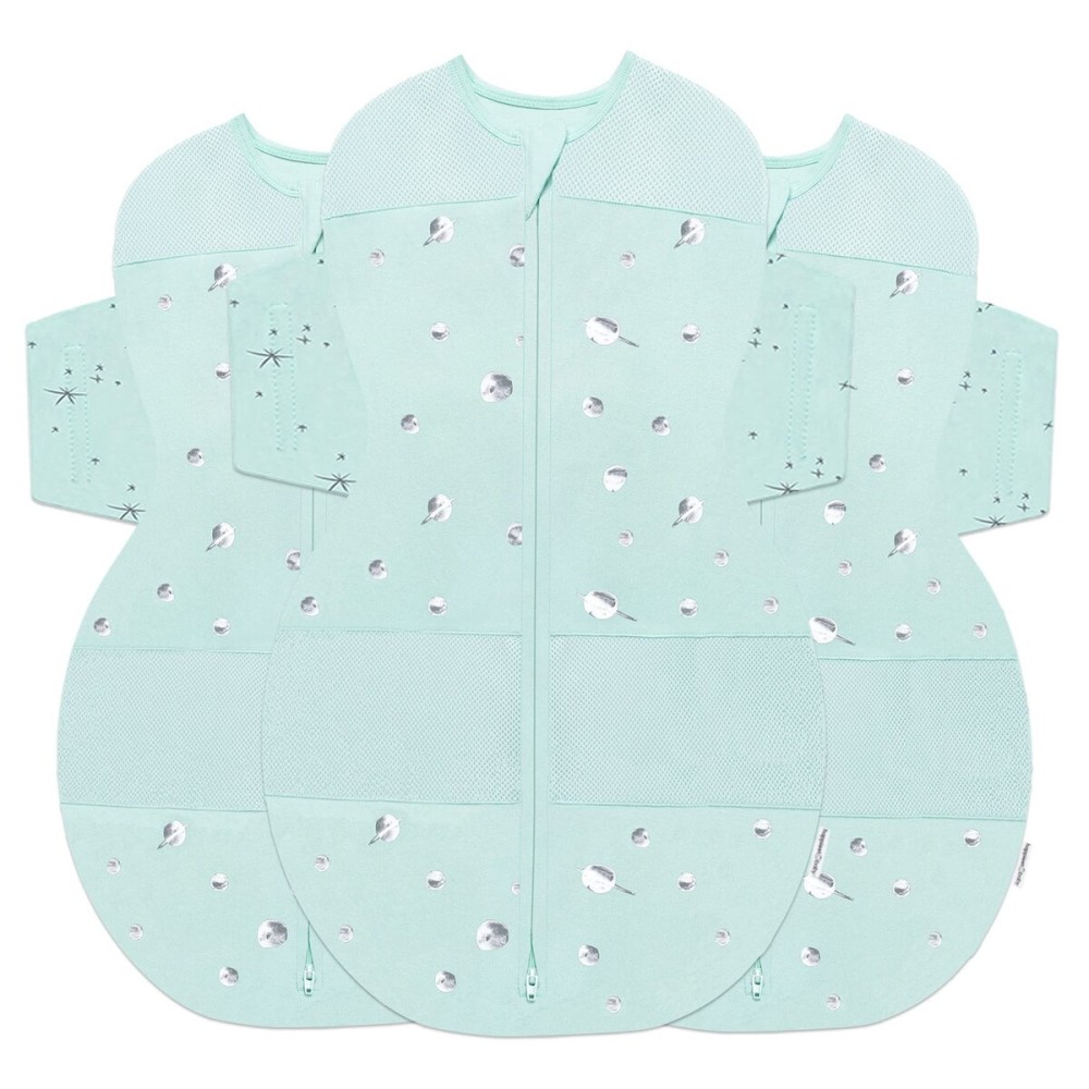 Happiest Baby SNOO Sleep Sack - 100% Organic Cotton Baby Swaddle Blanket - Doctor Designed Promotes Healthy Hip Development - 3-Pack Bundle (Teal Planets, S, M, L)