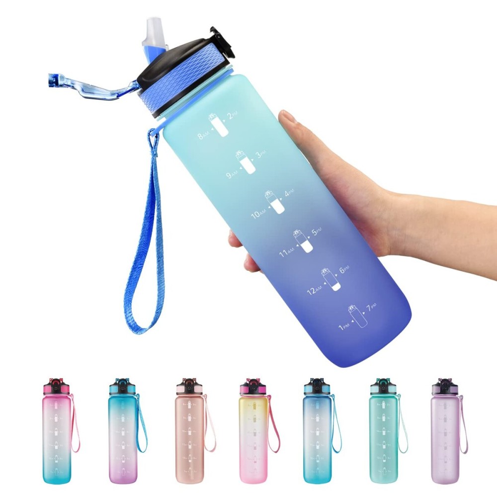 EYQ 32 oz Water Bottle with Time Marker, Carry Strap, Leak-Proof Tritan BPA-Free, Ensure You Drink Enough Water for Fitness, Gym, Camping, Outdoor SportsGreen/Blue Gradient