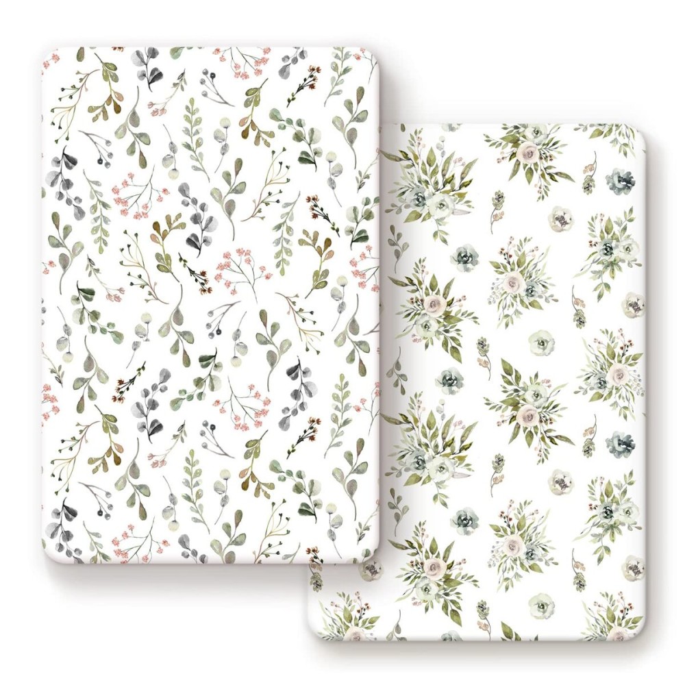 GRSSDER Stretchy Ultra Soft Jersey Knit Fitted Pack n Play Sheets Set 2 Pack Portable Pack and Play/Mini Cribs Sheets for GirlsStylish Watercolor Rose and Flora