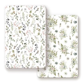 GRSSDER Stretchy Ultra Soft Jersey Knit Fitted Pack n Play Sheets Set 2 Pack Portable Pack and Play/Mini Cribs Sheets for GirlsStylish Watercolor Rose and Flora