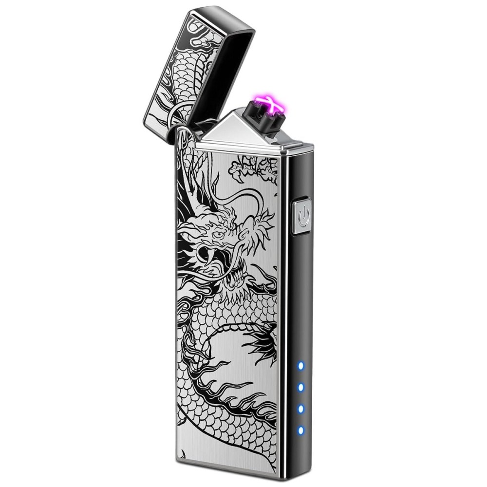 LcFun Electric USB Rechargeable Lighter, Windproof Plasma Dual Arc Lighter with LED Battery Indication, Flameless Cool Lighters Gifts for Men Fathers Husband (Black Dragon)