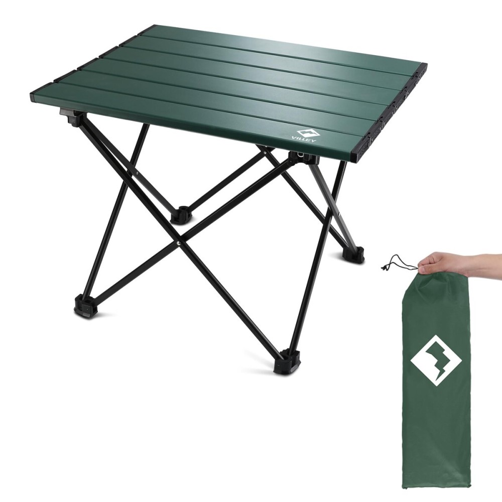VILLEY Portable Camping Side Table, Ultralight Aluminum Folding Beach Table with Carry Bag for Outdoor Cooking, Picnic, Camp, Boat, Travel - Green