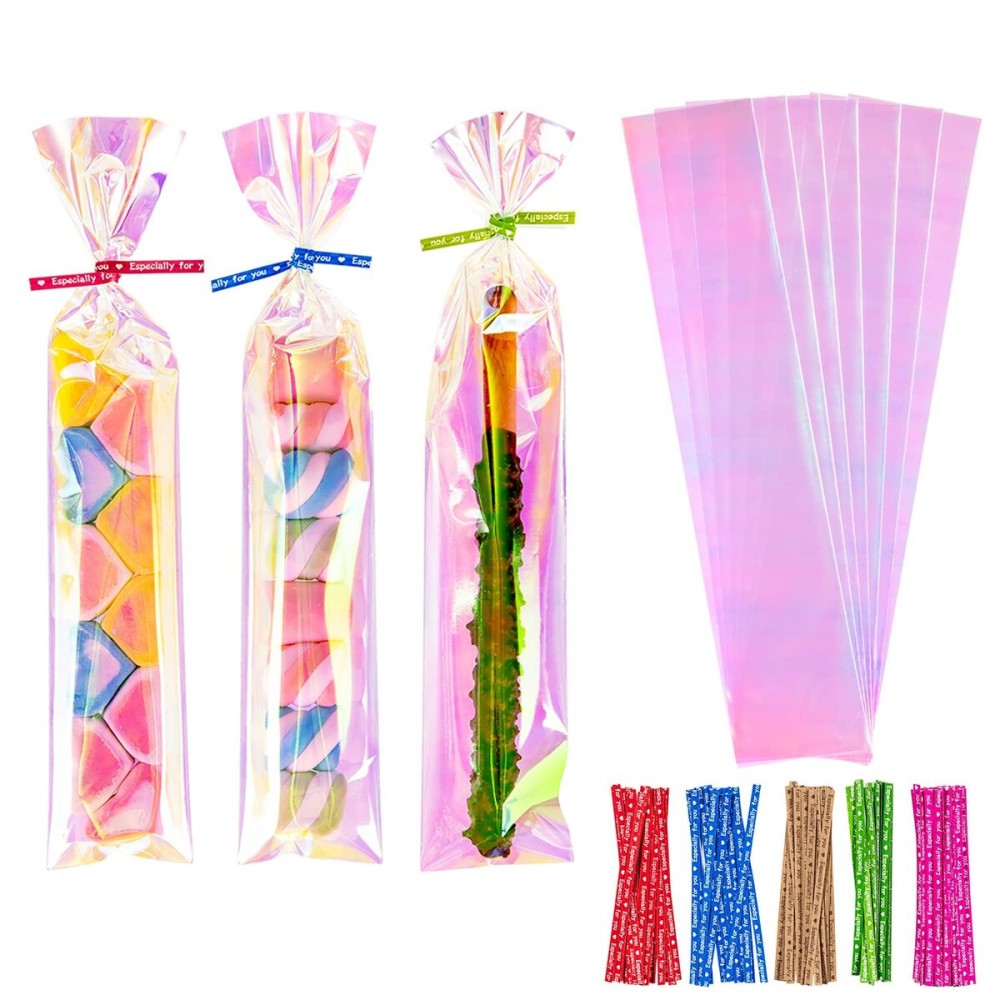 Cherodada 2x10 Inch Iridescent Cellophane Bags, with Twist Ties, Treat Bags for Candy Cookie Goodie Chocolates, And Popcorn